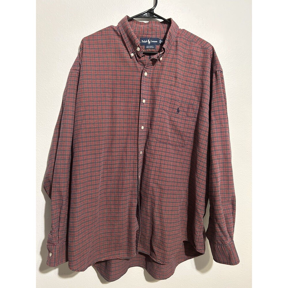 Ralph Lauren Men's XL Big Shirt Red Plaid Button Down Long Sleeve 100% Cotton